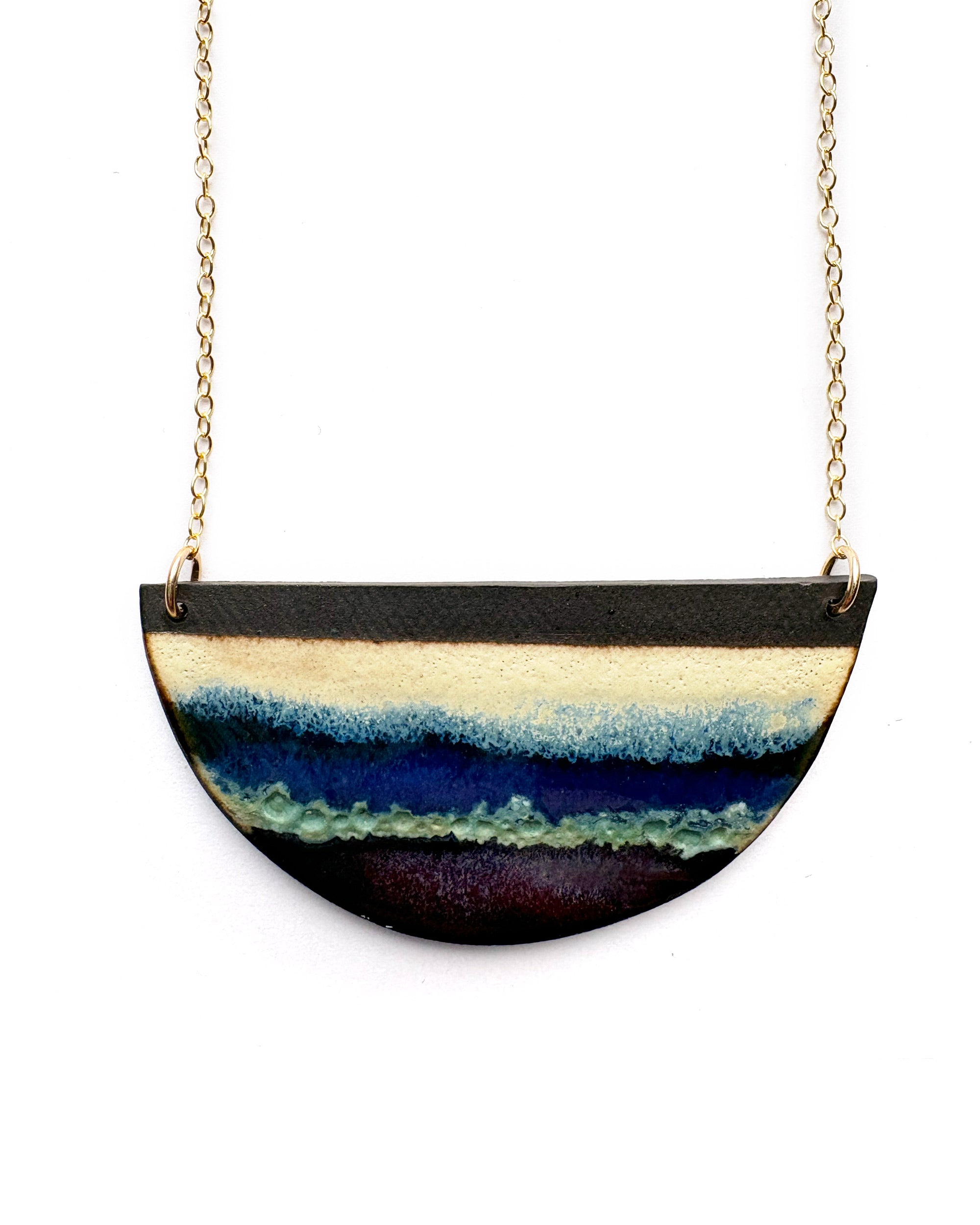 Brevity one-of-a-kind ceramic pendant necklace, half-moon glazed in navy, teal and buttercream, on a fine chain