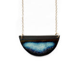 Brevity one-of-a-kind ceramic pendant necklace, half-moon glazed in teal and cobalt blue, on a fine chain