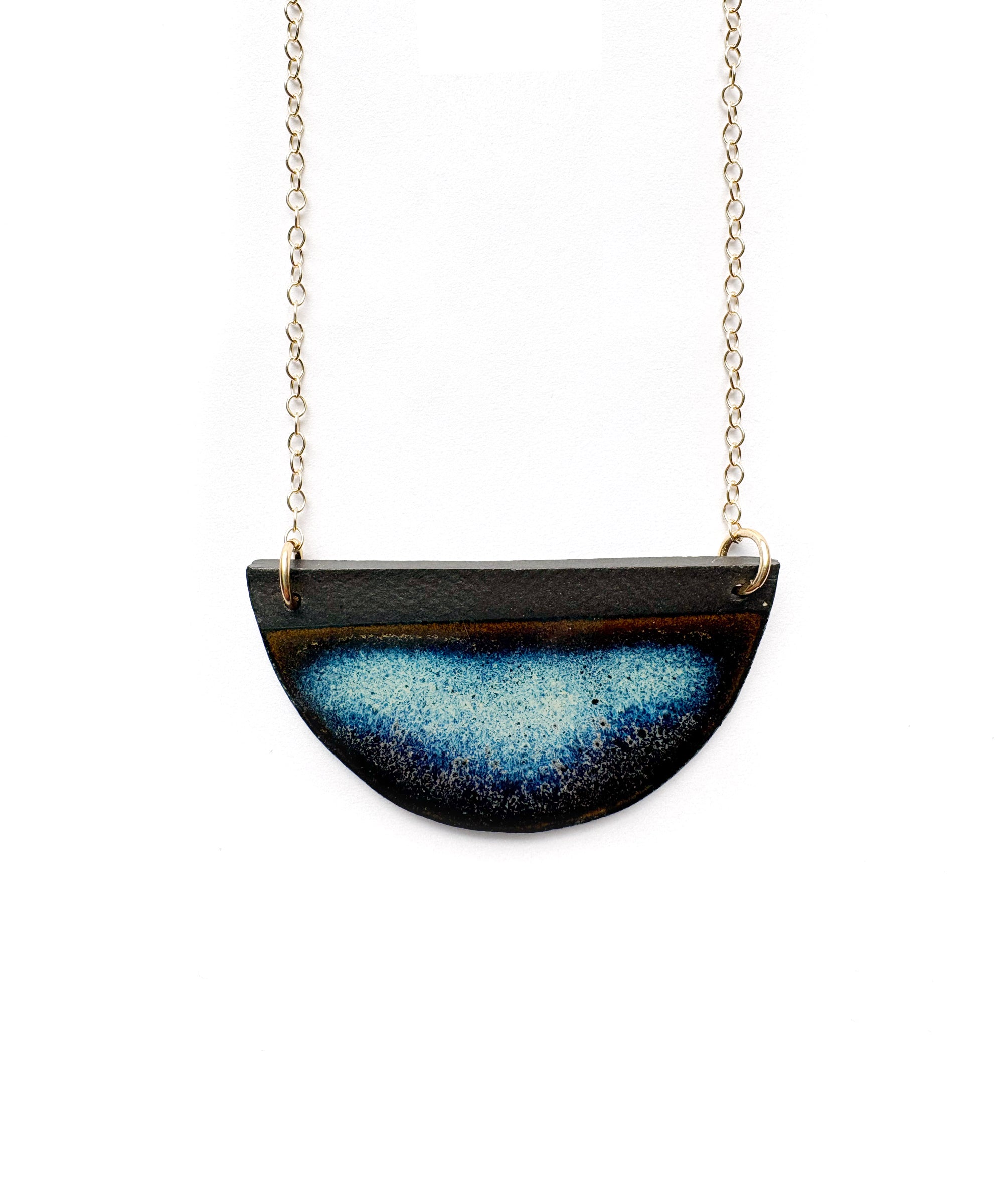 Brevity one-of-a-kind ceramic pendant necklace, half-moon glazed in teal and cobalt blue, on a fine chain