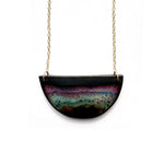 Brevity one-of-a-kind ceramic pendant necklace, half-moon glazed in mauve and plum, on a fine chain