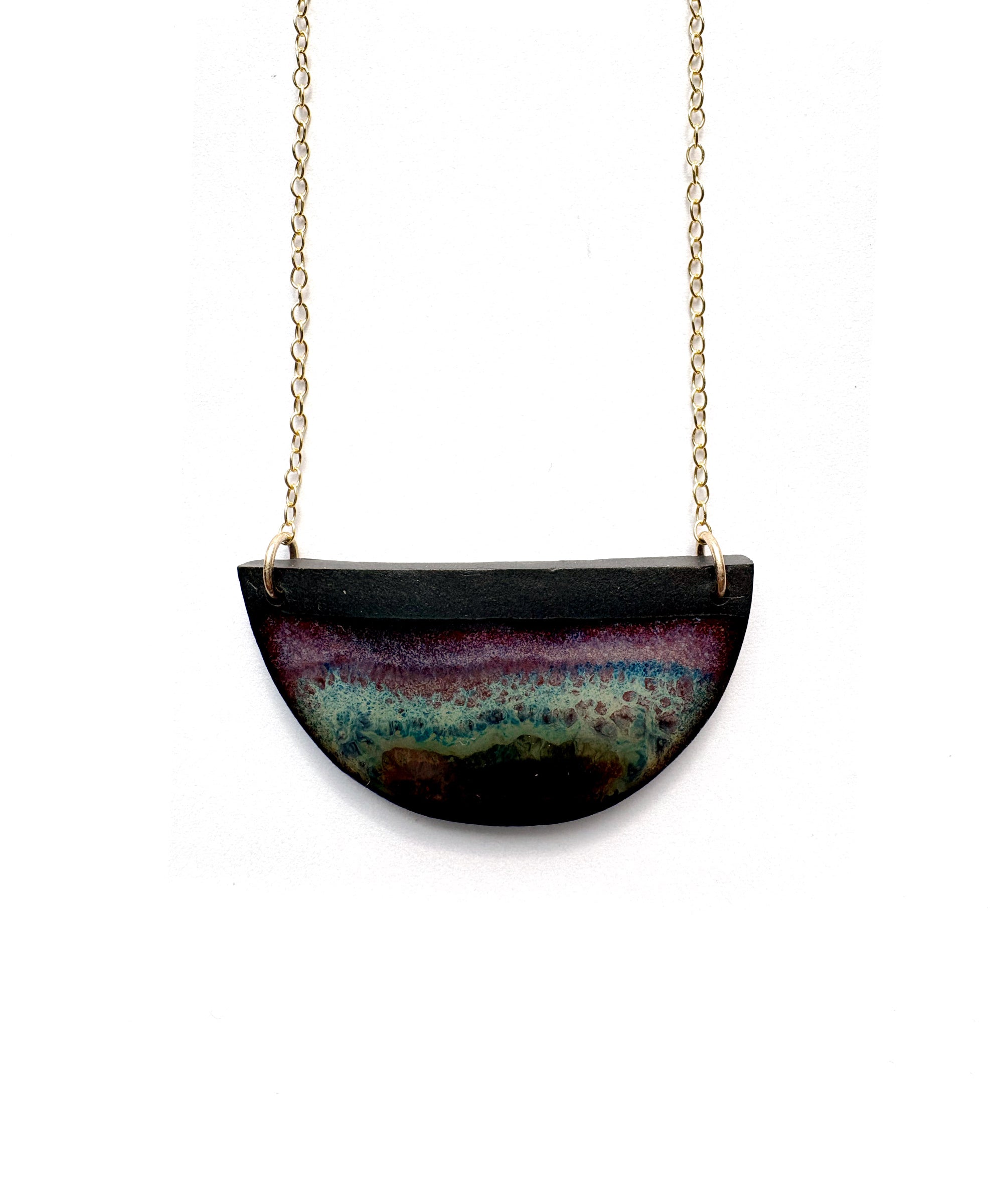 Brevity one-of-a-kind ceramic pendant necklace, half-moon glazed in mauve and plum, on a fine chain