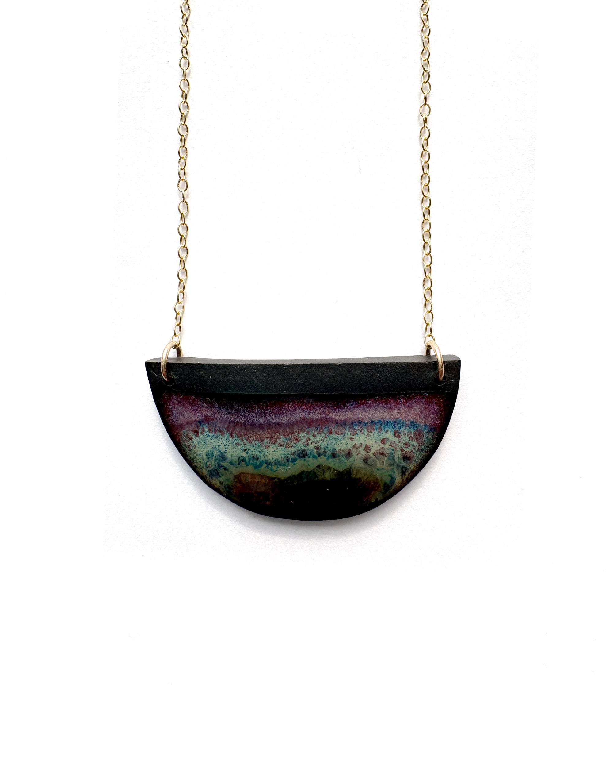Brevity one-of-a-kind ceramic pendant necklace, half-moon glazed in mauve and plum, on a fine chain