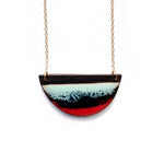 Brevity one-of-a-kind ceramic pendant necklace, half-moon glazed in seafoam blue and deep red, on a fine chain