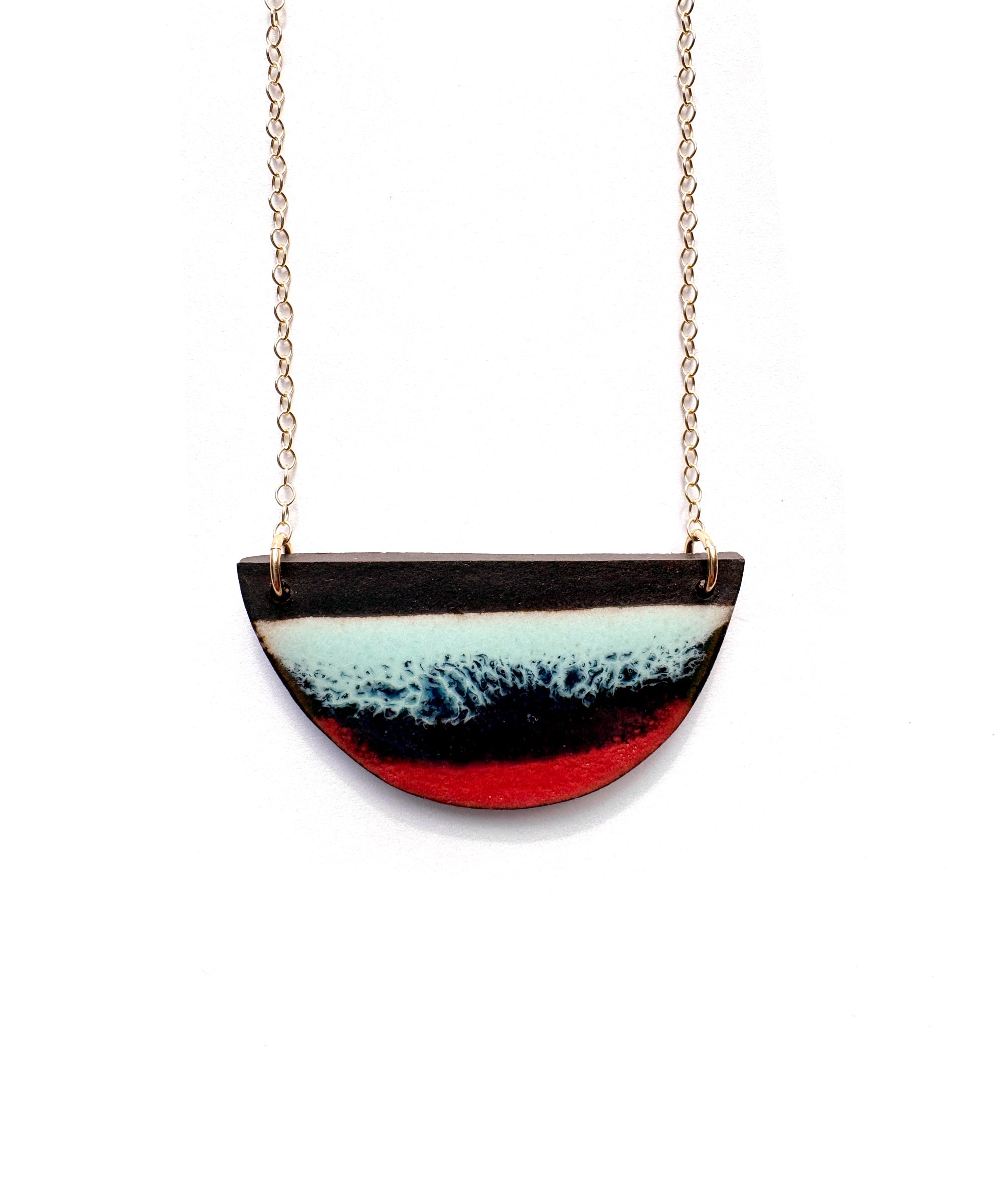 Brevity one-of-a-kind ceramic pendant necklace, half-moon glazed in seafoam blue and deep red, on a fine chain