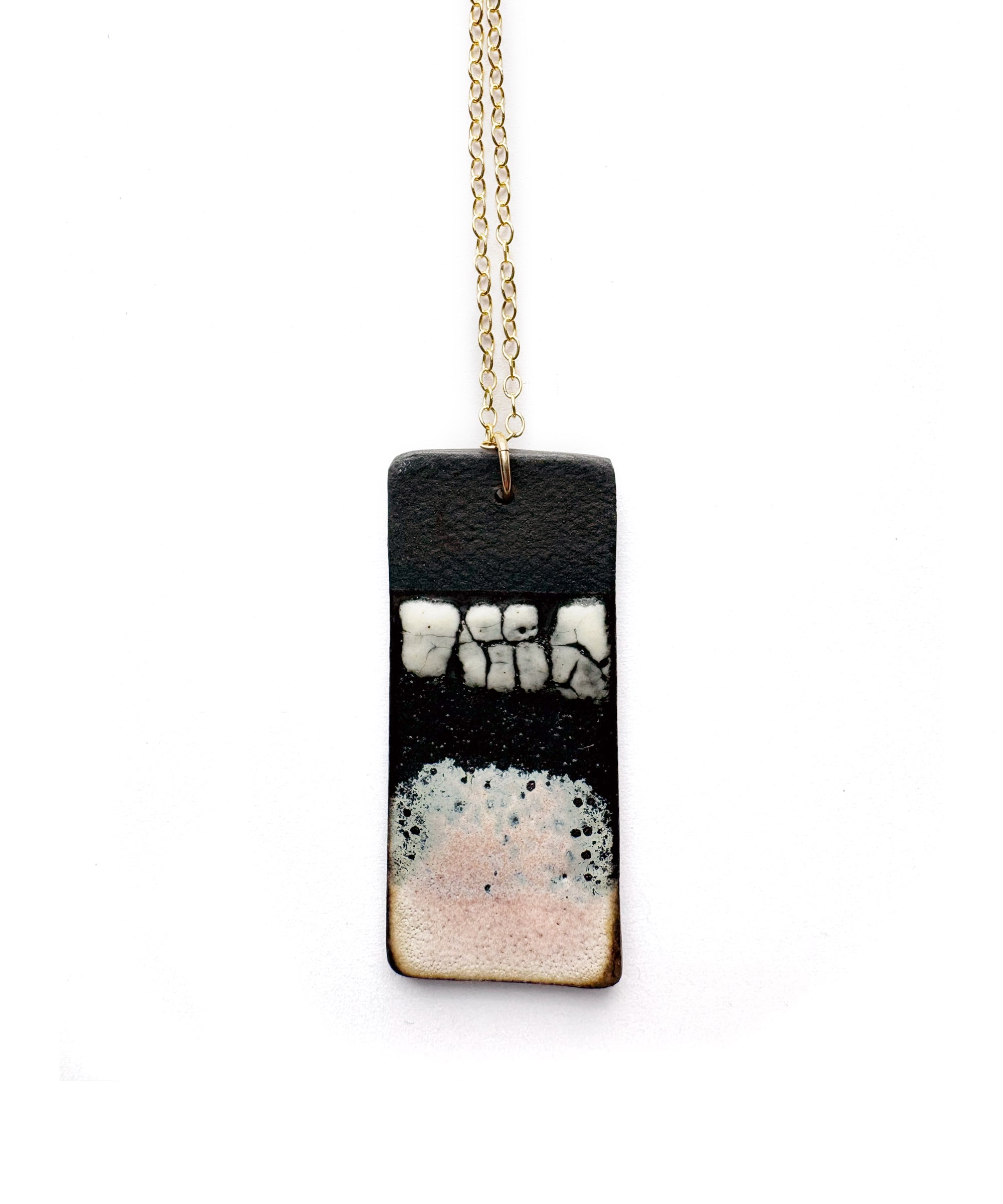 Brevity one-of-a-kind ceramic pendant necklace, vertical tablet glazed in blush pink and black, on a fine chain