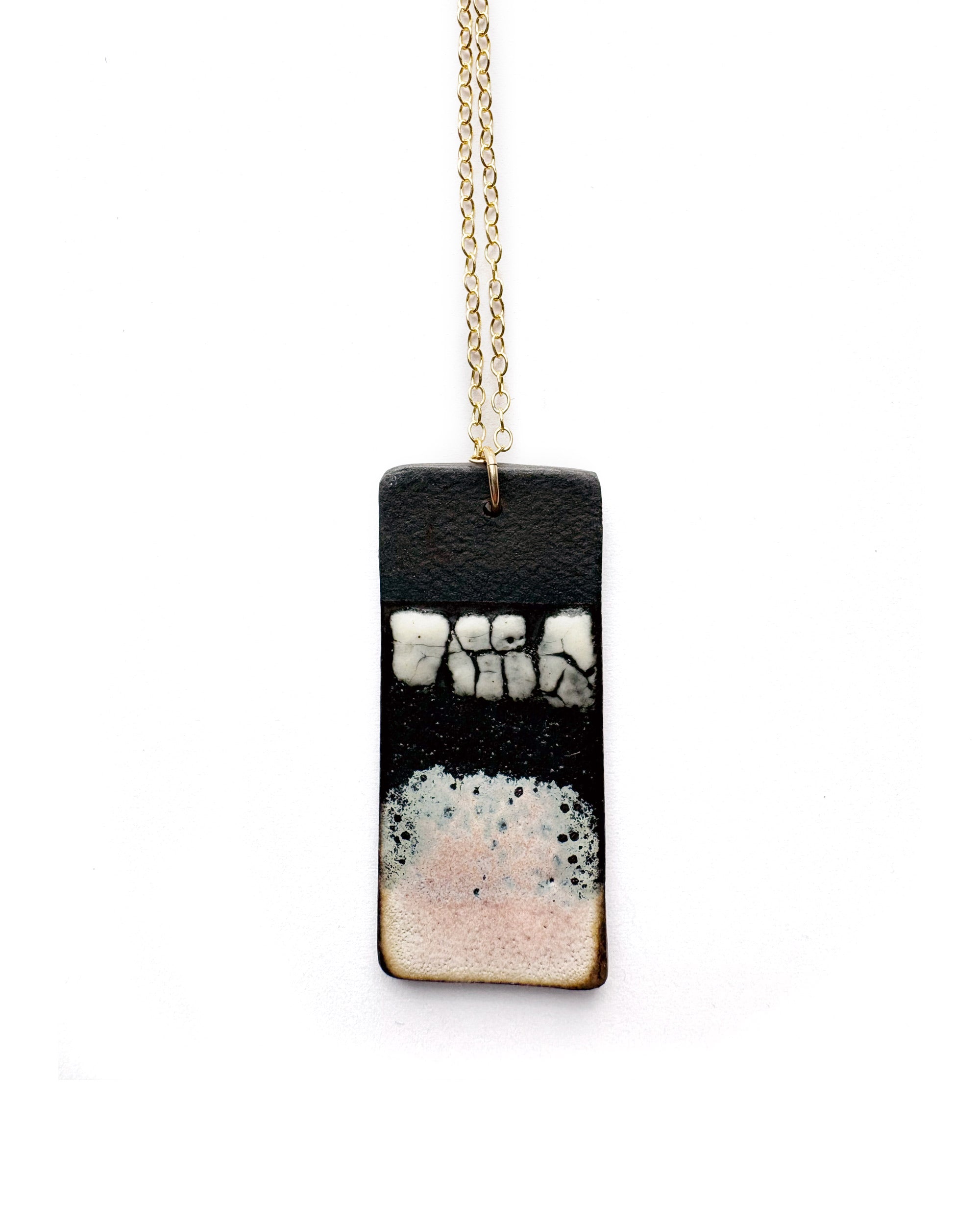 Brevity one-of-a-kind ceramic pendant necklace, vertical tablet glazed in blush pink and black, on a fine chain