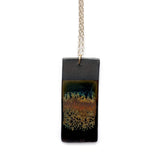 Brevity one-of-a-kind ceramic pendant necklace, vertical tablet glazed in rust orange and copper, on a fine chain