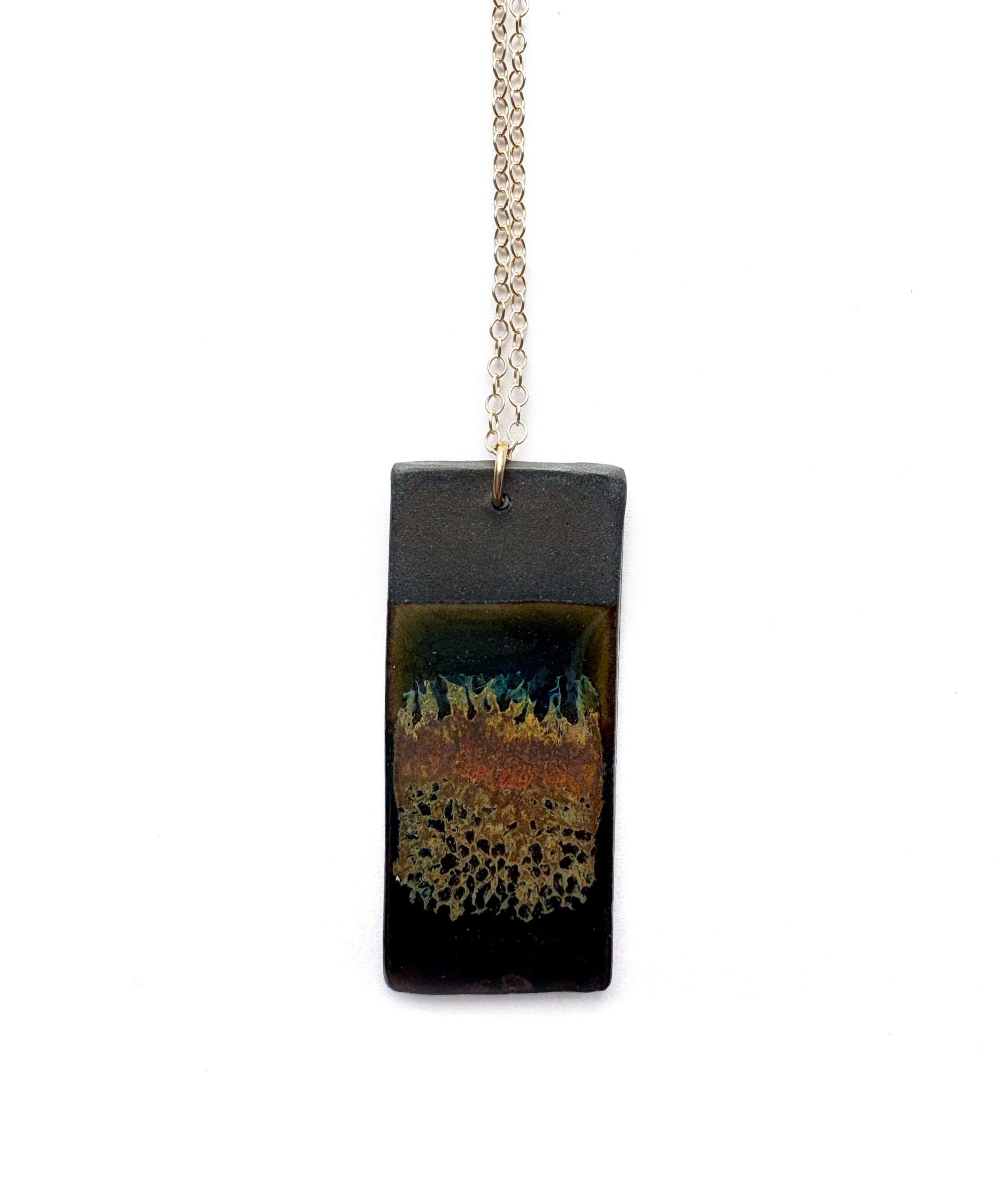 Brevity one-of-a-kind ceramic pendant necklace, vertical tablet glazed in rust orange and copper, on a fine chain