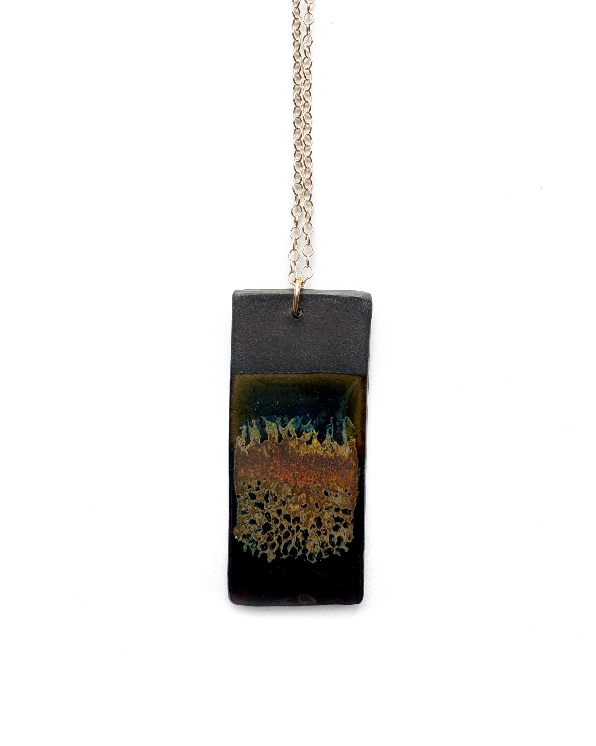 Brevity one-of-a-kind ceramic pendant necklace, vertical tablet glazed in rust orange and copper, on a fine chain
