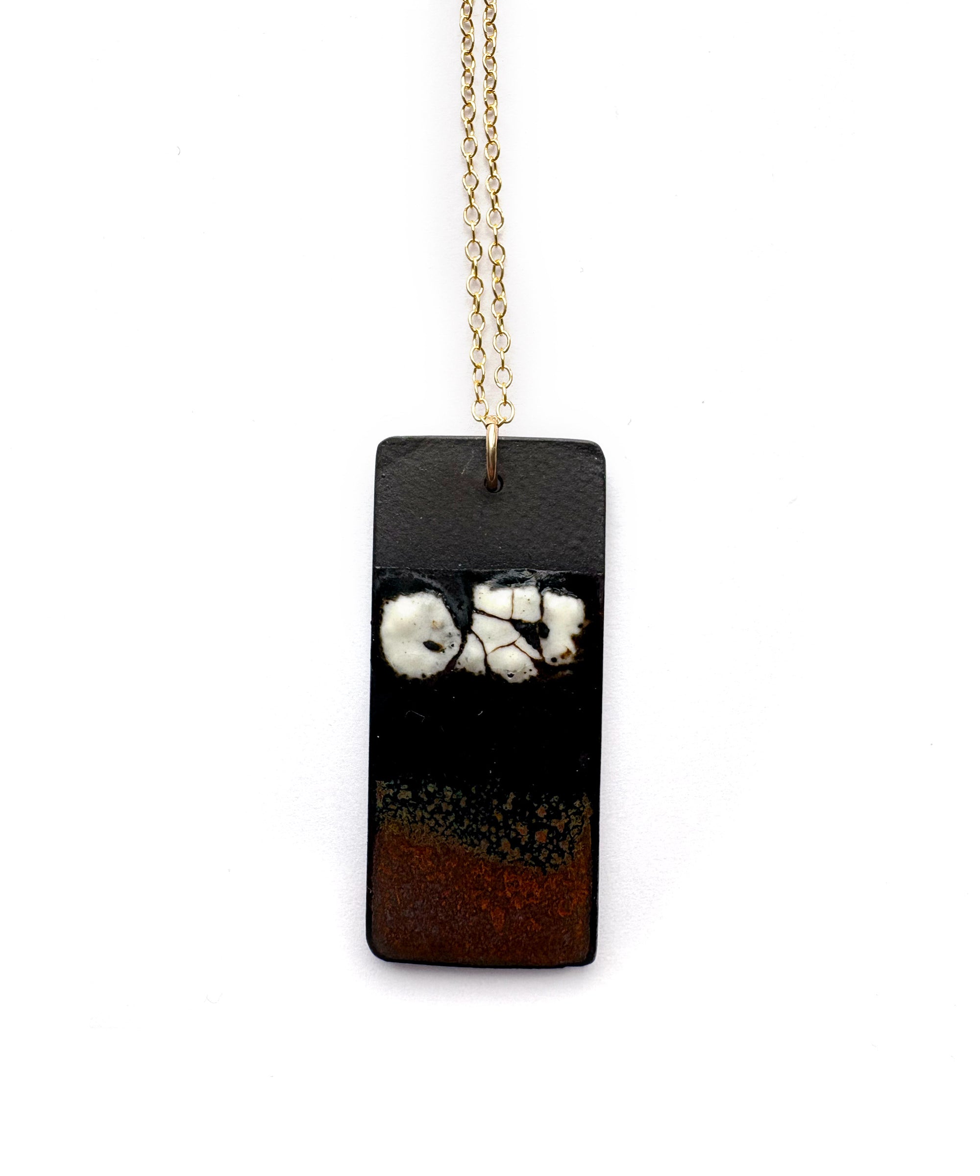 Brevity one-of-a-kind ceramic pendant necklace, vertical tablet glazed in rust and white, on a fine chain