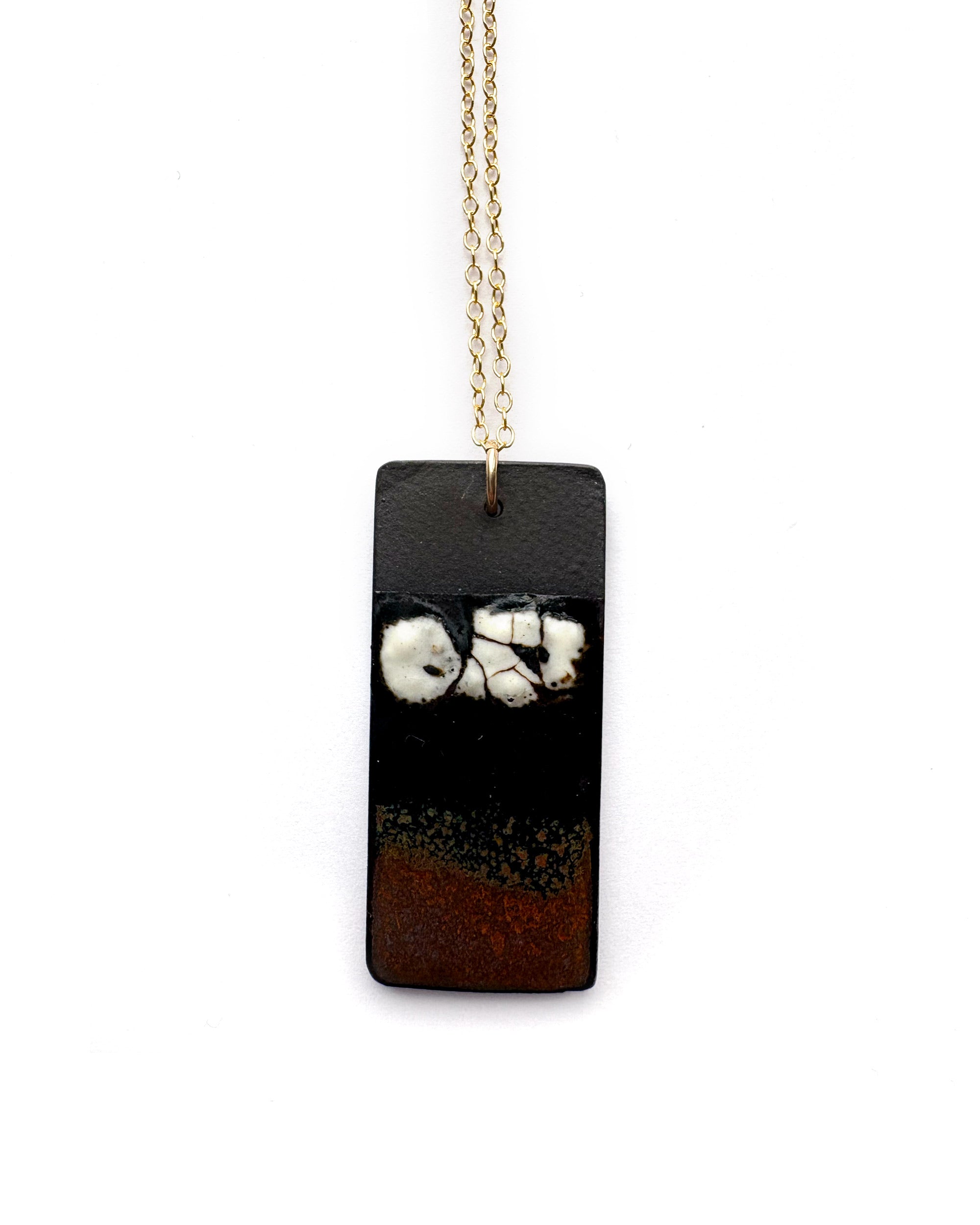 Brevity one-of-a-kind ceramic pendant necklace, vertical tablet glazed in rust and white, on a fine chain
