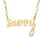 Gold Savvy fundraiser necklace in gold by Brevity Jewelry, supporting Savvy Ladies