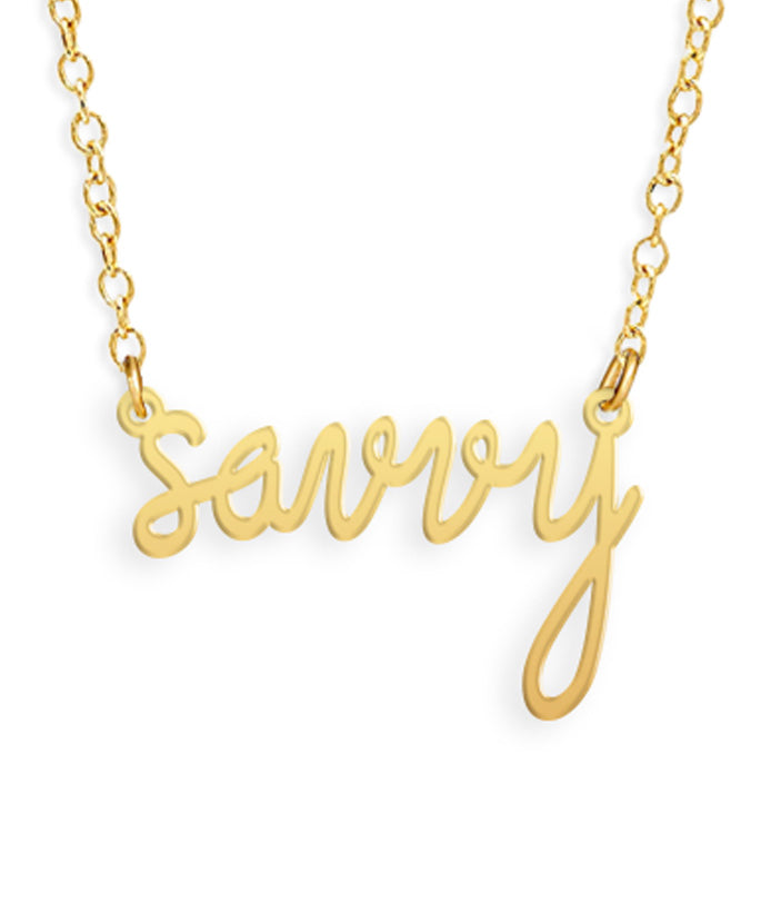Gold Savvy fundraiser necklace in gold by Brevity Jewelry, supporting Savvy Ladies
