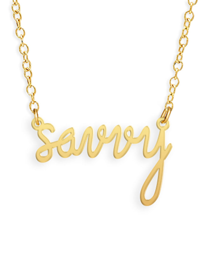Gold Savvy fundraiser necklace in gold by Brevity Jewelry, supporting Savvy Ladies