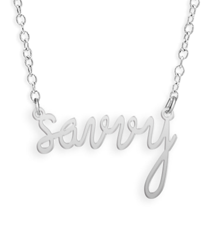 Silver Savvy fundraiser necklace in gold by Brevity Jewelry, supporting Savvy Ladies