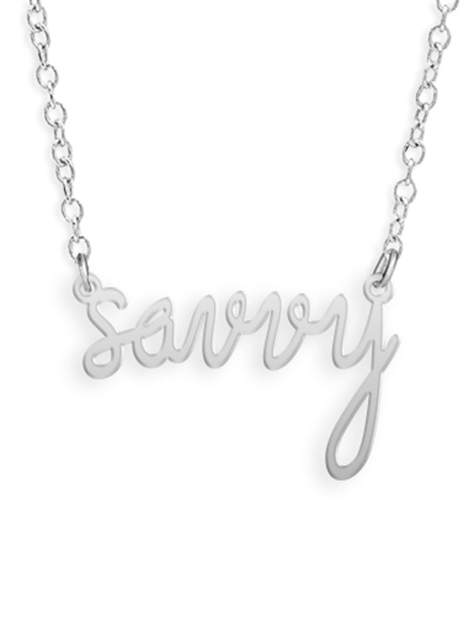 Silver Savvy fundraiser necklace in gold by Brevity Jewelry, supporting Savvy Ladies
