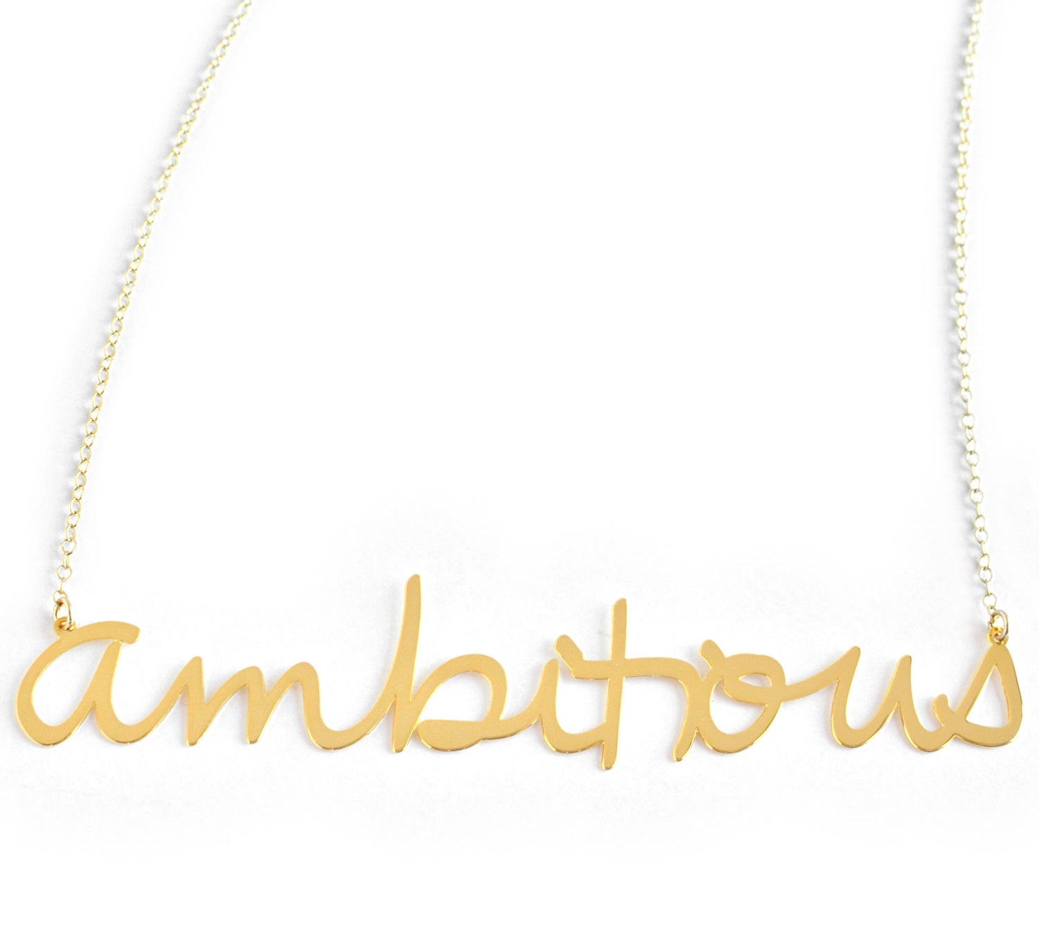 Ambitious Necklace - High Quality, Affordable, Hand Written, Empowering, Self Love, Mantra Word Necklace - Available in Gold and Silver - Small and Large Sizes - Made in USA - Brevity Jewelry