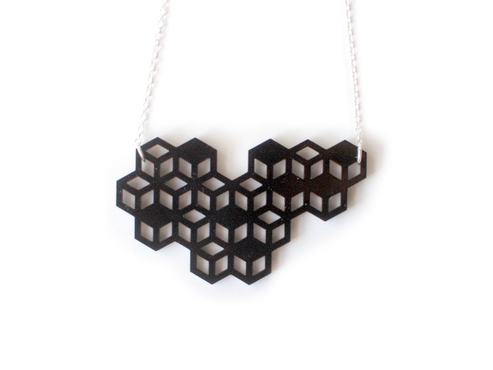 Beecomb Necklace - High Quality, Affordable, Geometric Necklace - Available in Black and White Acrylic, Gold, Silver, and Limited Edition Coral Powdercoat Finish - Made in USA - Brevity Jewelry