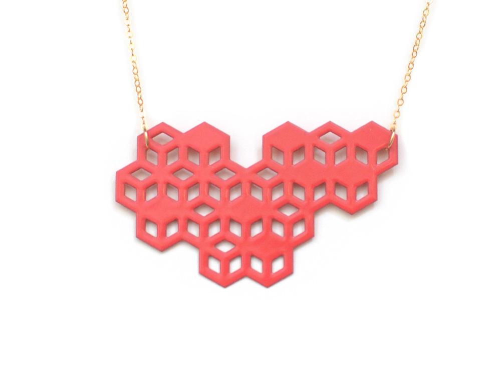 Beecomb Necklace - High Quality, Affordable, Geometric Necklace - Available in Black and White Acrylic, Gold, Silver, and Limited Edition Coral Powdercoat Finish - Made in USA - Brevity Jewelry