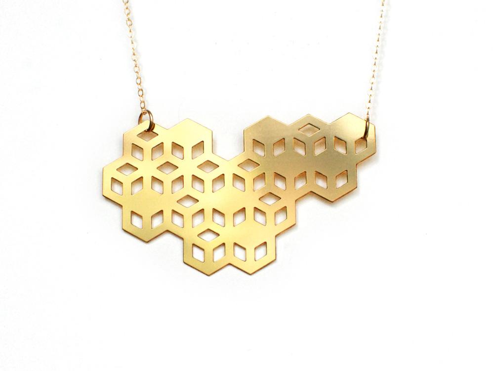 Beecomb Necklace - High Quality, Affordable, Geometric Necklace - Available in Black and White Acrylic, Gold, Silver, and Limited Edition Coral Powdercoat Finish - Made in USA - Brevity Jewelry