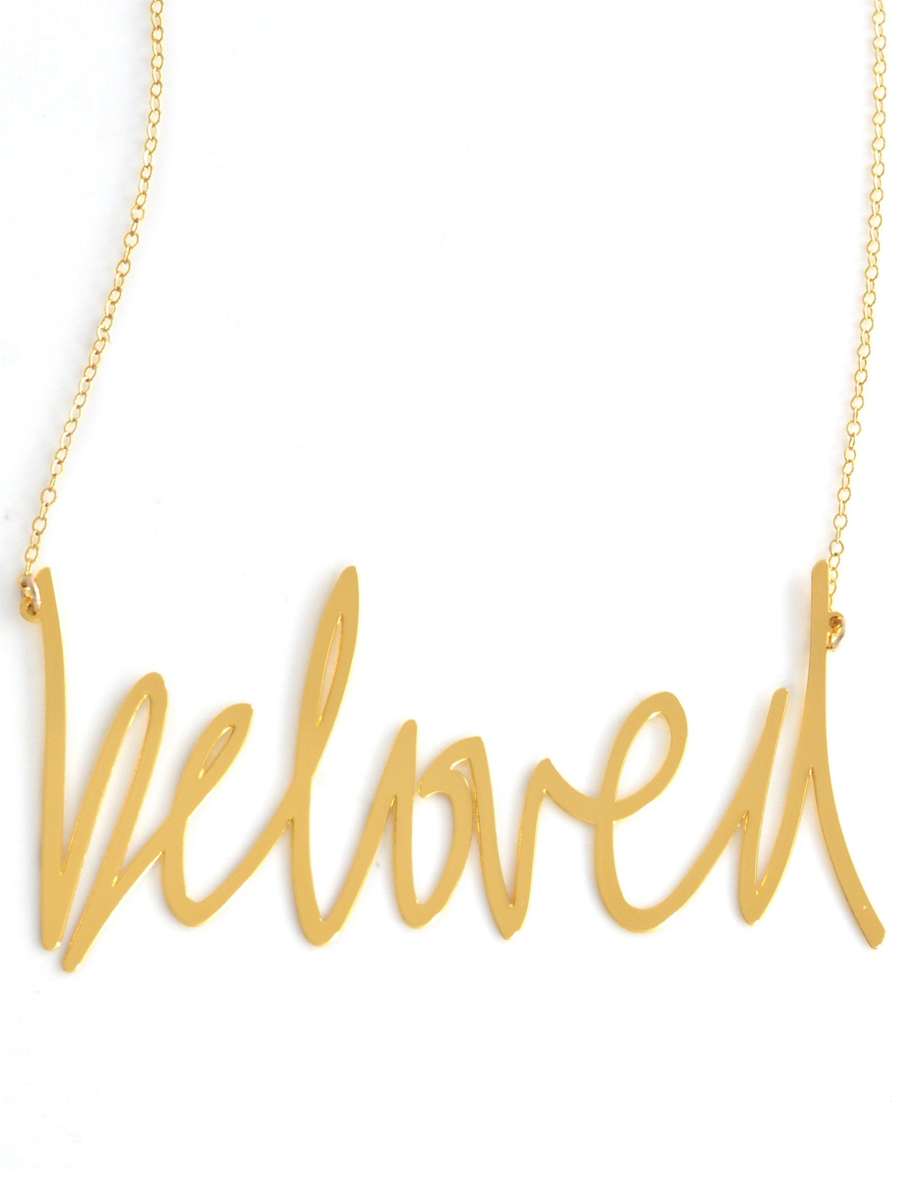 BelovedNecklace - High Quality, Affordable, Hand Written, Self Love, Mantra Word Necklace - Available in Gold and Silver - Small and Large Sizes - Made in USA - Brevity Jewelry