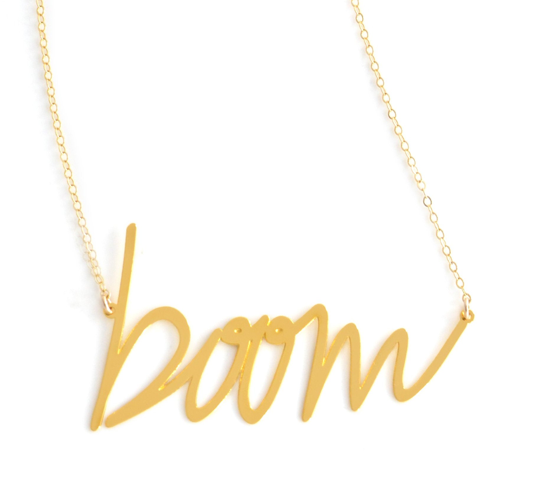 Boom Necklace - High Quality, Affordable, Hand Written, Self Love, Mantra Word Necklace - Available in Gold and Silver - Small and Large Sizes - Made in USA - Brevity Jewelry