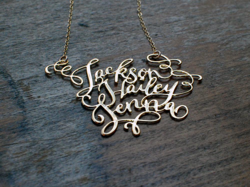 Custom Calligraphy Three Name Necklace - Your Loved Ones Names Handwritten By A Calligrapher - High Quality, Affordable, One-of-a-kind, Personalized Necklace - Available in Gold and Silver - Made in USA - Brevity Jewelry - The Pefect Gift