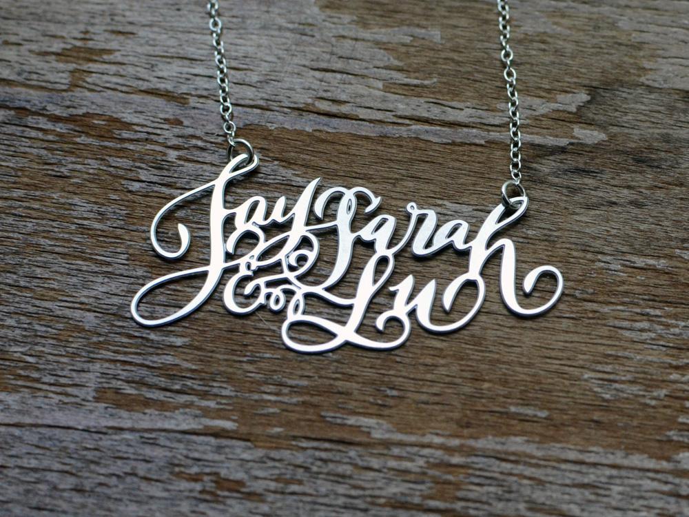 Calligraphy Necklace - Three Names  - Brevity Jewelry - Made in USA - Affordable gold and silver necklaces