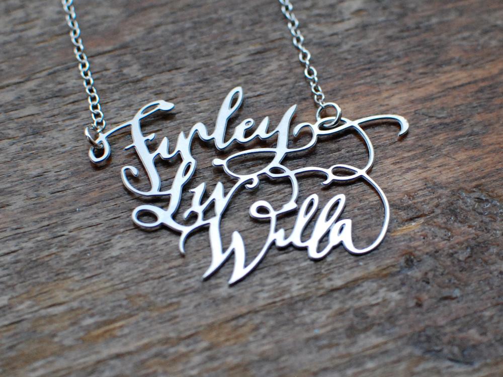 Custom Calligraphy Three Name Necklace - Your Loved Ones Names Handwritten By A Calligrapher - High Quality, Affordable, One-of-a-kind, Personalized Necklace - Available in Gold and Silver - Made in USA - Brevity Jewelry - The Pefect Gift