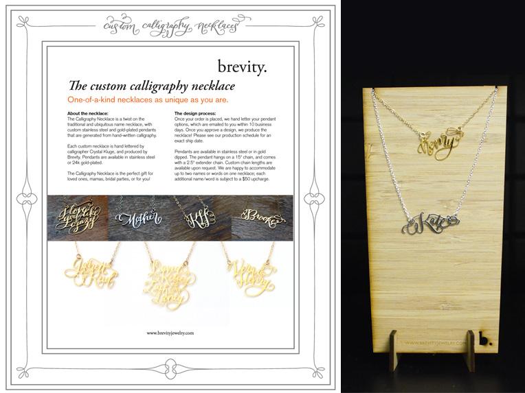 Calligraphy retailer display package by Brevity Jewelry — sample necklaces and wooden stand