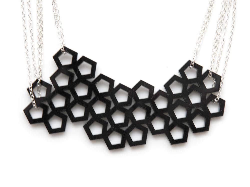 Cellular Necklace - High Quality, Affordable, Geometric Necklace - Available in Black and White Acrylic, Gold, Silver, and Limited Edition Coral Powdercoat Finish - Made in USA - Brevity Jewelry