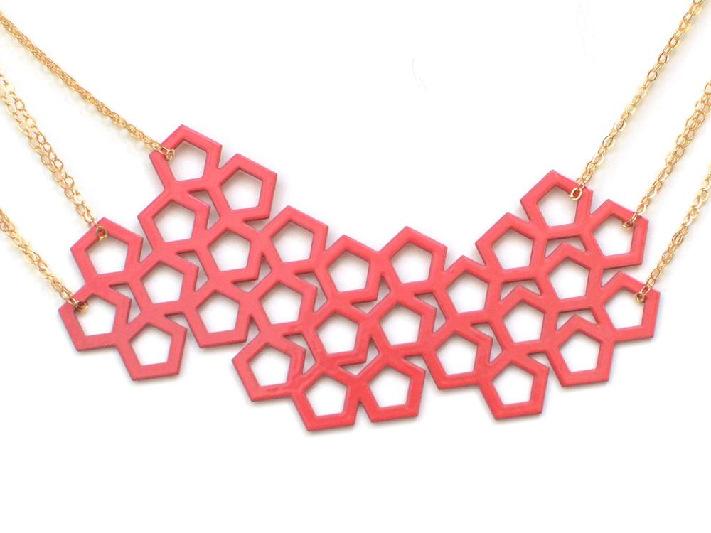 Cellular Necklace - High Quality, Affordable, Geometric Necklace - Available in Black and White Acrylic, Gold, Silver, and Limited Edition Coral Powdercoat Finish - Made in USA - Brevity Jewelry