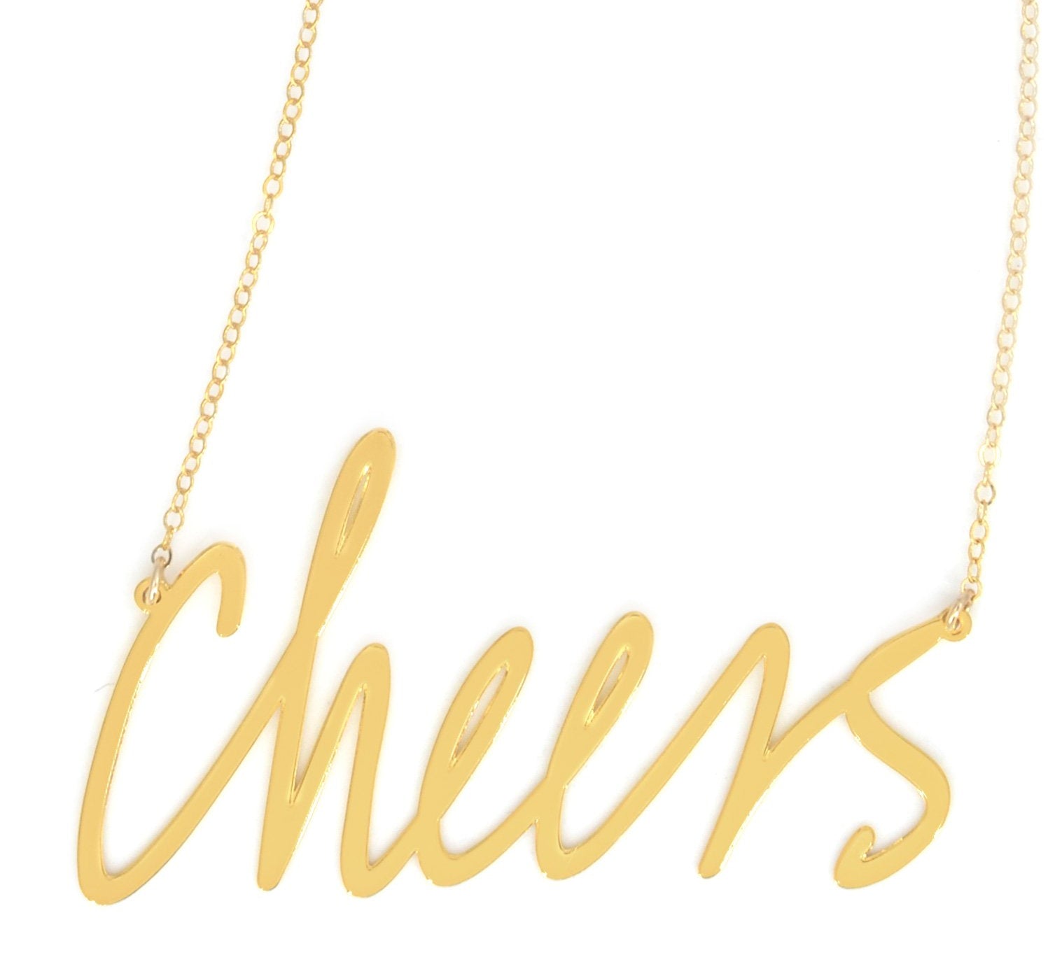 Cheers Necklace - High Quality, Affordable, Hand Written, Self Love, Mantra Word Necklace - Available in Gold and Silver - Small and Large Sizes - Made in USA - Brevity Jewelry