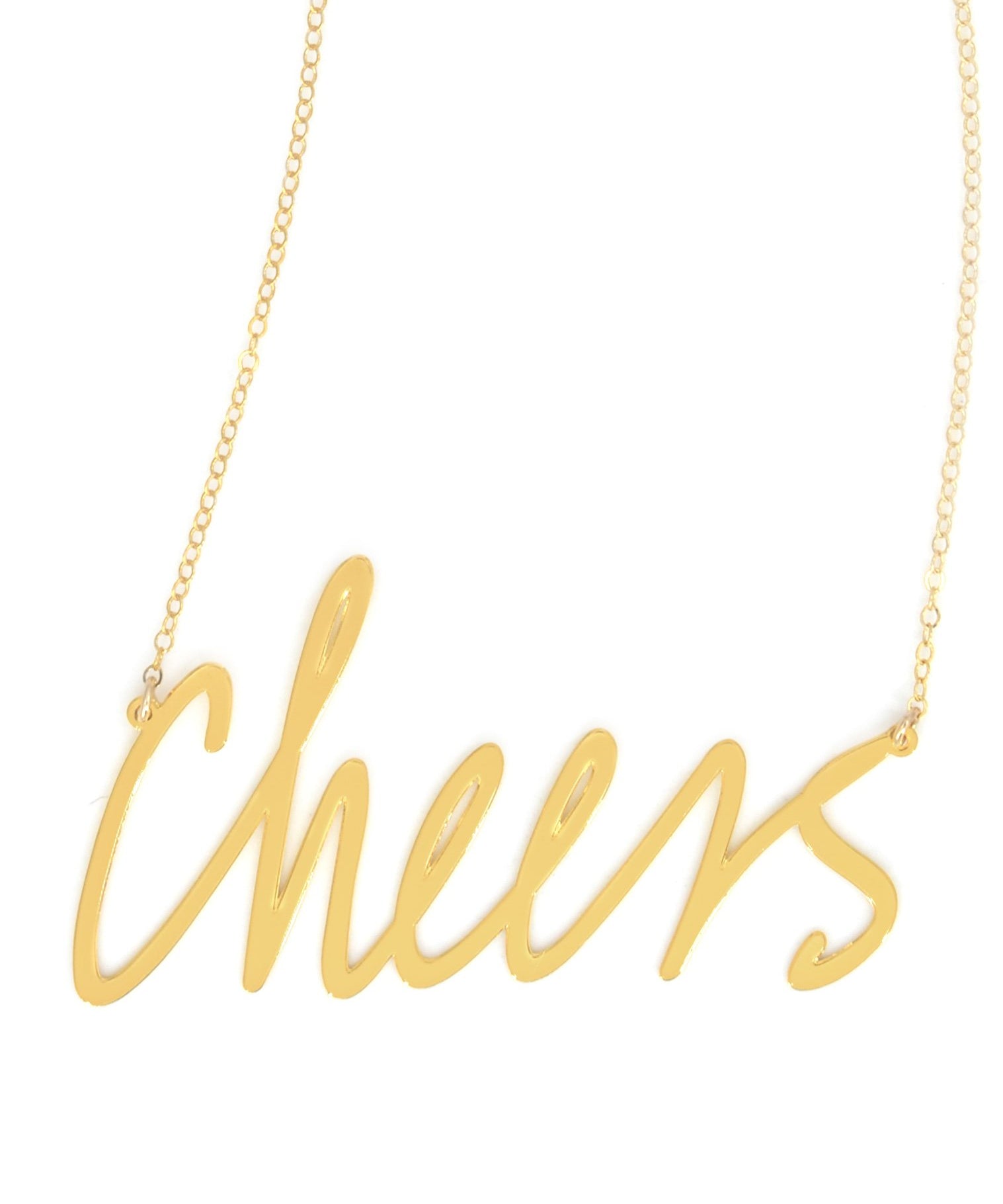 Cheers Necklace - High Quality, Affordable, Hand Written, Self Love, Mantra Word Necklace - Available in Gold and Silver - Small and Large Sizes - Made in USA - Brevity Jewelry