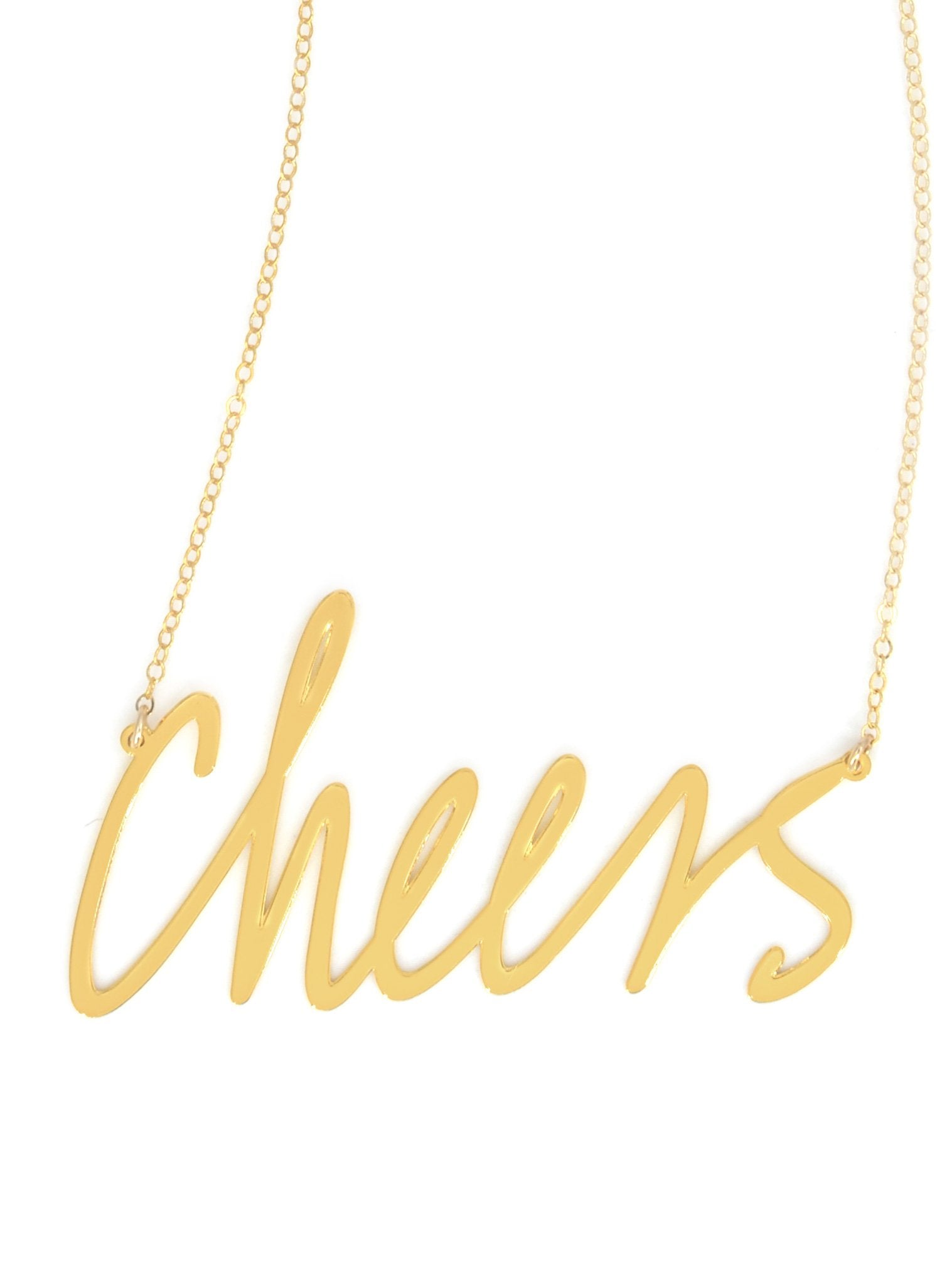 Cheers Necklace - High Quality, Affordable, Hand Written, Self Love, Mantra Word Necklace - Available in Gold and Silver - Small and Large Sizes - Made in USA - Brevity Jewelry