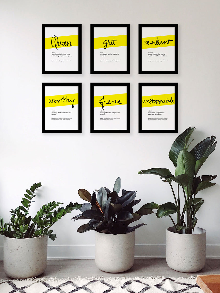 Framed Yellow Fierce Print With Word Definition - High Quality, Affordable, Hand Written, Empowering, Self Love, Mantra Word Print. Archival-Quality, Matte Giclée Print - Brevity Jewelry