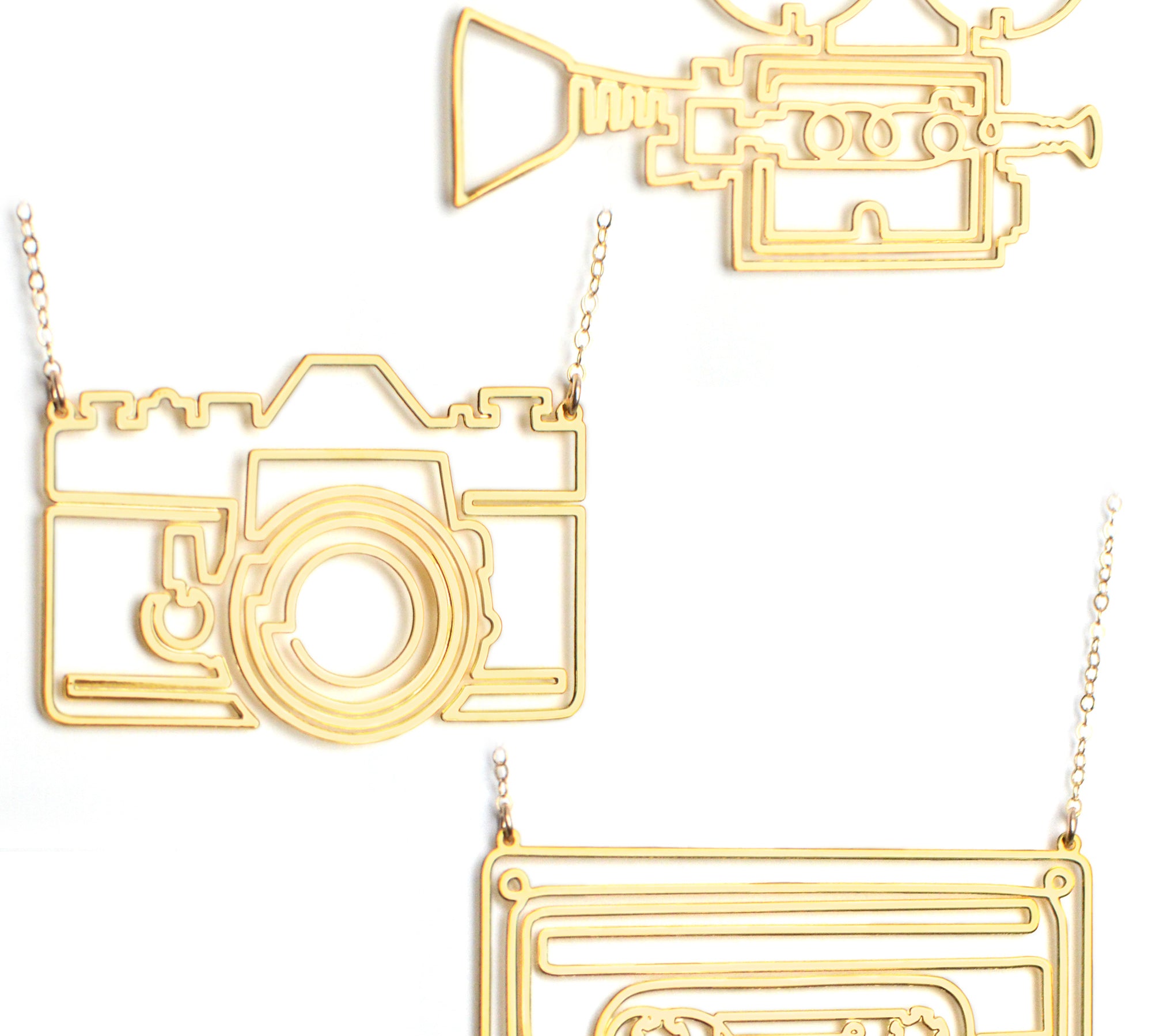 Creators Gift Set - High Quality, Hand Drawn, Creators Gift Set Necklaces - Featuring the Cassette, Photo Camera, Film Camera, and Slate Necklaces - Available in Gold and Silver - Made in USA - Brevity Jewelry