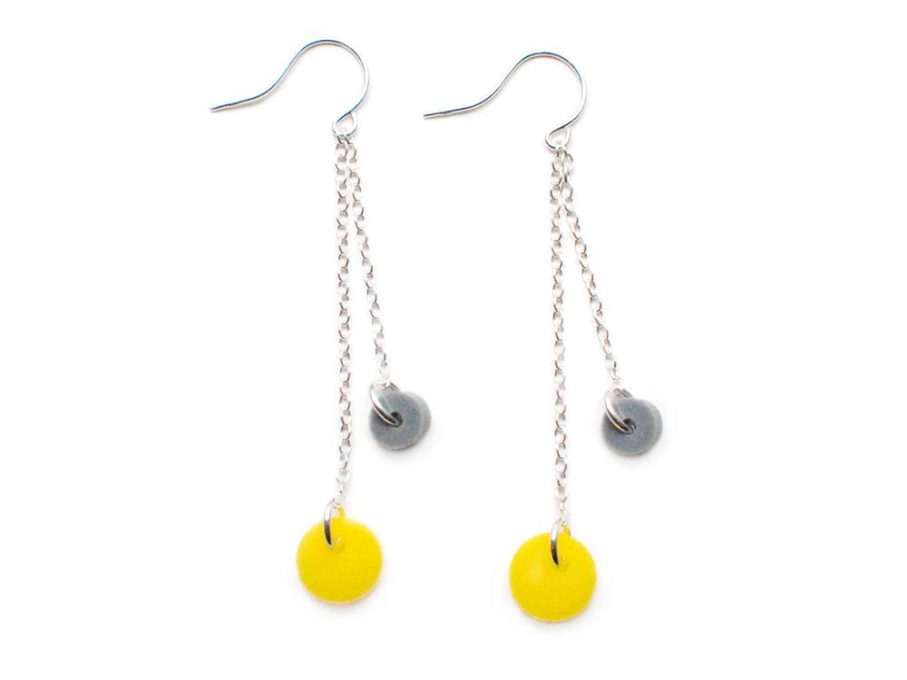 Circle Earrings - Affordable Acrylic Earrings - Yellow, Blue or Gray - Silver Chain - Made in USA - Brevity Jewelry