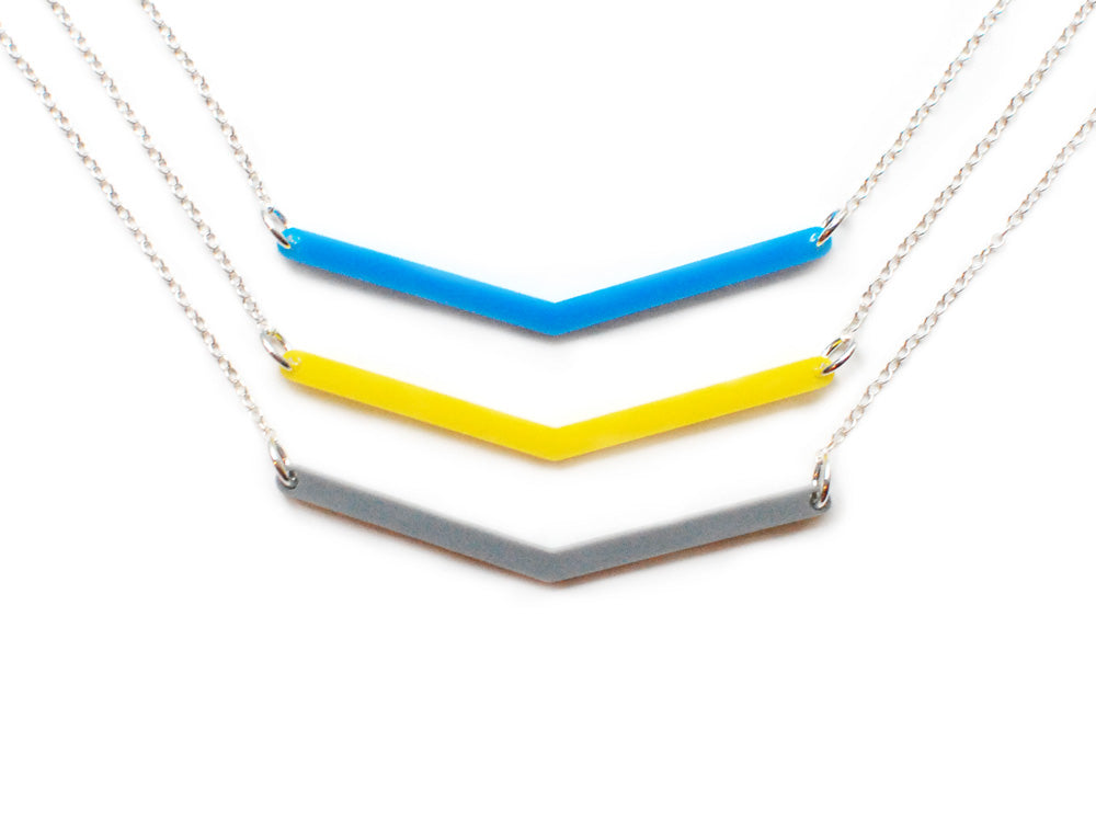 Feathers Necklace - Affordable Acrylic Necklace - Yellow, Blue or Gray - Silver Chain - Made in USA - Brevity Jewelry