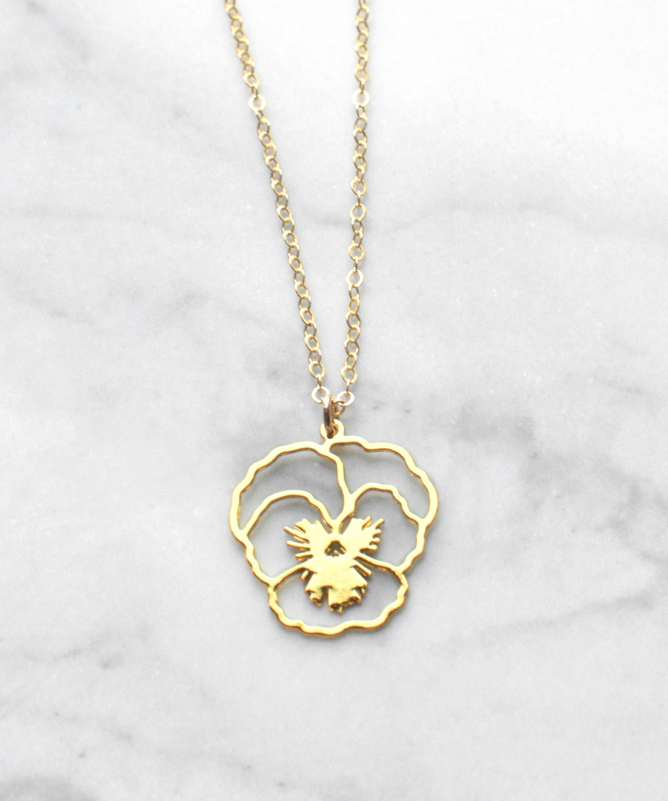 Violet Necklace - High Quality, Affordable, Whimsical, Hand Drawn Necklace - February Birthday Gift - Available in Gold and Silver - Made in USA - Brevity Jewelry