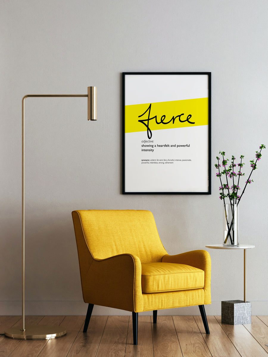 Framed Yellow Fierce Print With Word Definition - High Quality, Affordable, Hand Written, Empowering, Self Love, Mantra Word Print. Archival-Quality, Matte Giclée Print - Brevity Jewelry