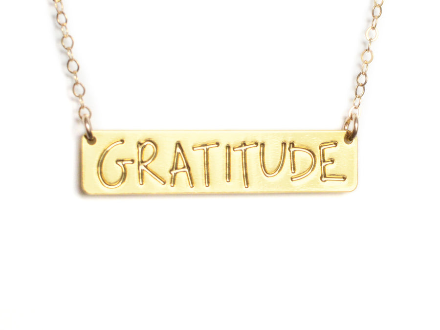 Gratitude Bar Necklace - High Quality, Affordable, Hand Written, Self Love, Mantra Word Necklace - Available in Gold and Silver - Made in USA - Brevity Jewelry