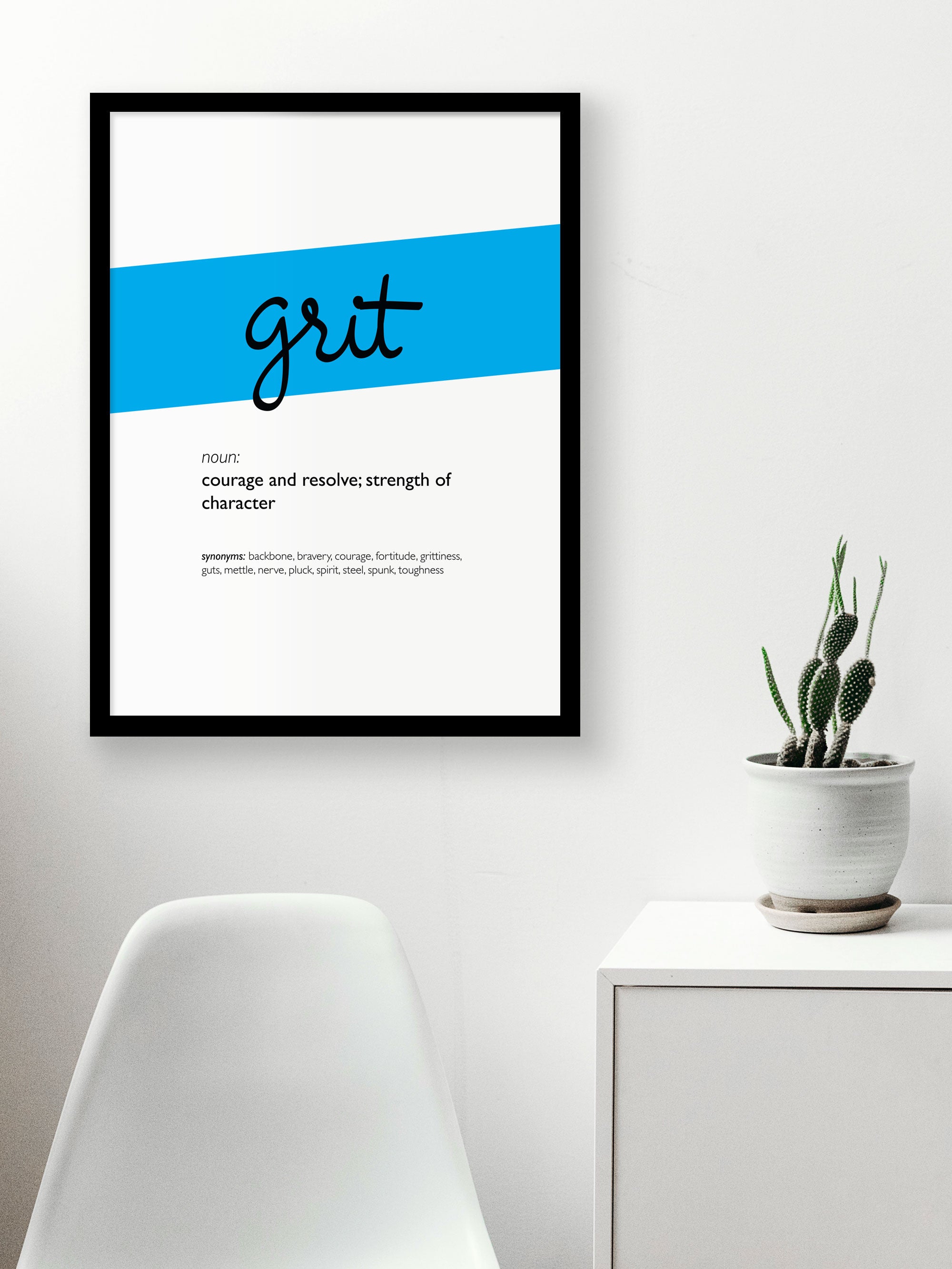 Framed Cyan Grit Print With Word Definition - High Quality, Affordable, Hand Written, Empowering, Self Love, Mantra Word Print. Archival-Quality, Matte Giclée Print - Brevity Jewelry
