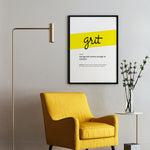 Framed Yellow Grit Print With Word Definition - High Quality, Affordable, Hand Written, Empowering, Self Love, Mantra Word Print. Archival-Quality, Matte Giclée Print - Brevity Jewelry