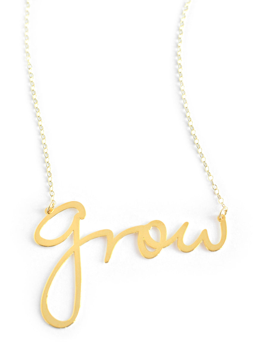 Grow Necklace - High Quality, Affordable, Hand Written, Self Love, Mantra Word Necklace - Available in Gold and Silver - Small and Large Sizes - Made in USA - Brevity Jewelry