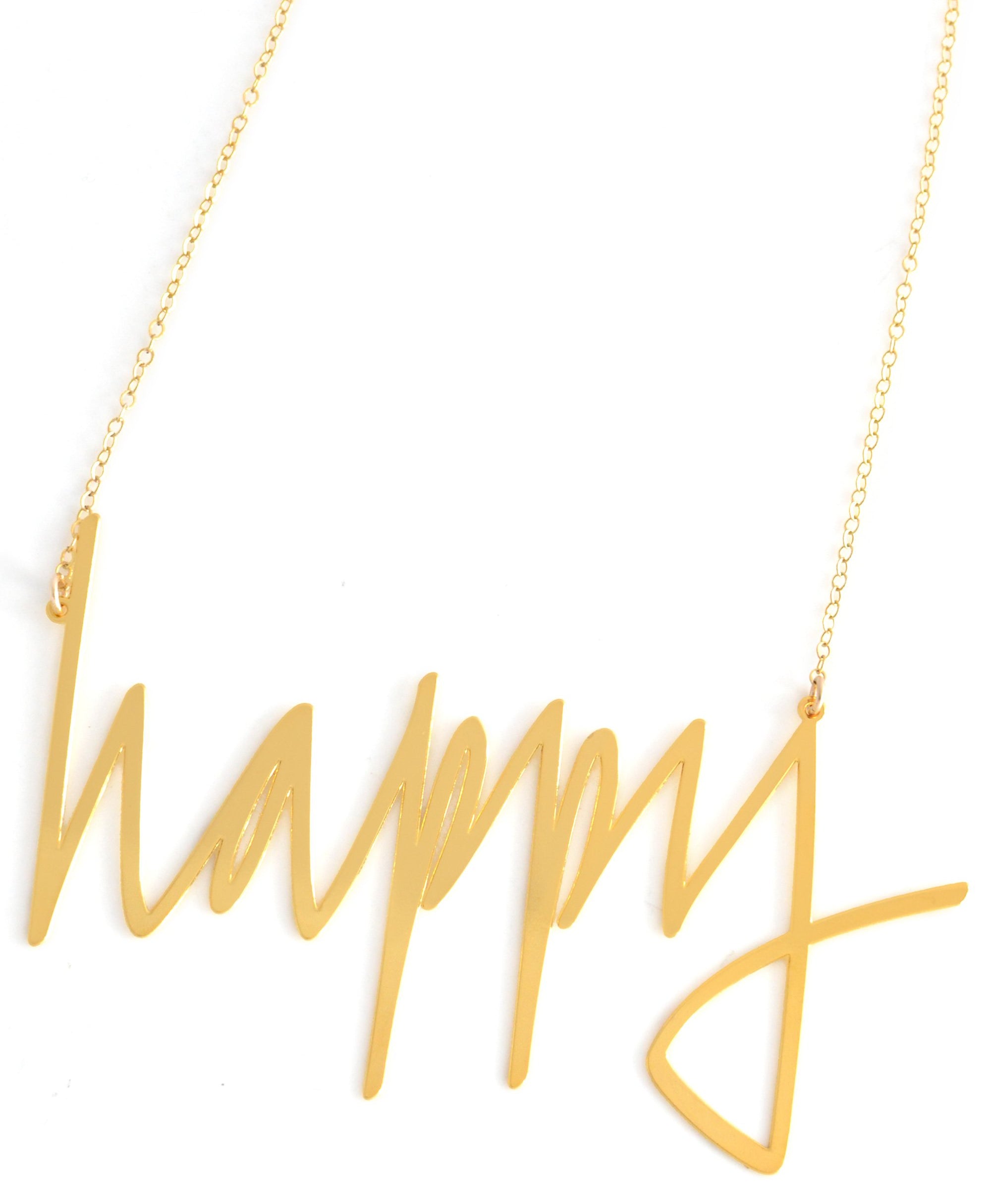 Happy Necklace - High Quality, Affordable, Hand Written, Self Love, Mantra Word Necklace - Available in Gold and Silver - Small and Large Sizes - Made in USA - Brevity Jewelry
