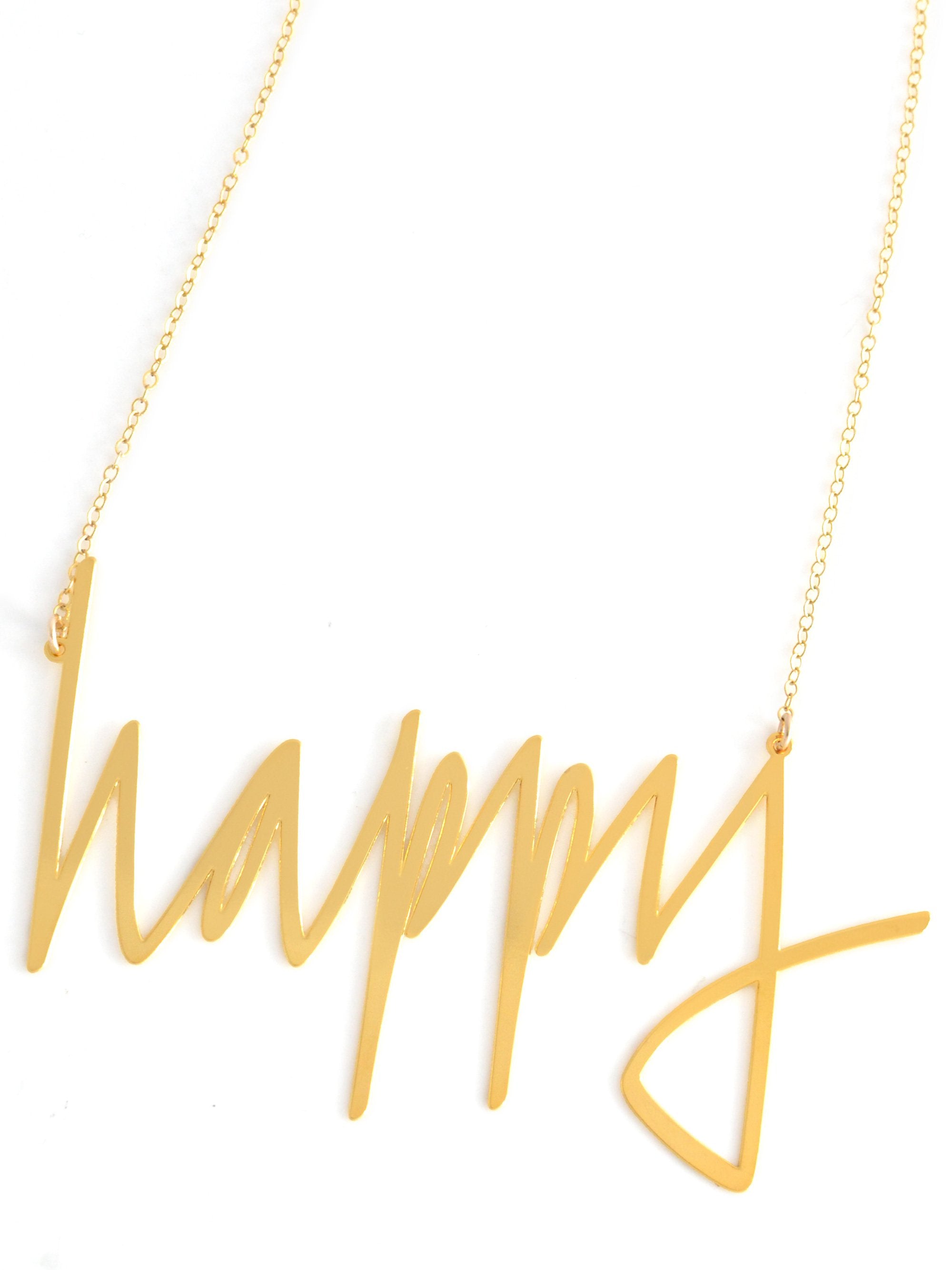 Happy Necklace - High Quality, Affordable, Hand Written, Self Love, Mantra Word Necklace - Available in Gold and Silver - Small and Large Sizes - Made in USA - Brevity Jewelry