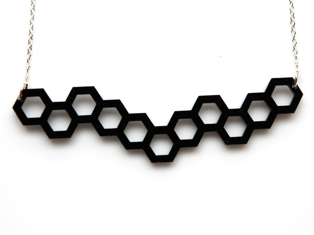 Hexagonal Necklace - High Quality, Affordable, Geometric Necklace - Available in Black and White Acrylic, Gold, Silver, and Limited Edition Coral Powdercoat Finish - Made in USA - Brevity Jewelry