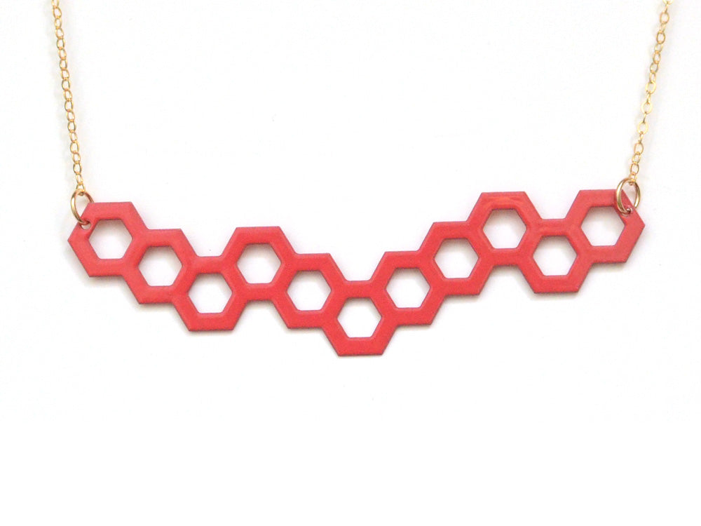 Hexagonal Necklace - High Quality, Affordable, Geometric Necklace - Available in Black and White Acrylic, Gold, Silver, and Limited Edition Coral Powdercoat Finish - Made in USA - Brevity Jewelry