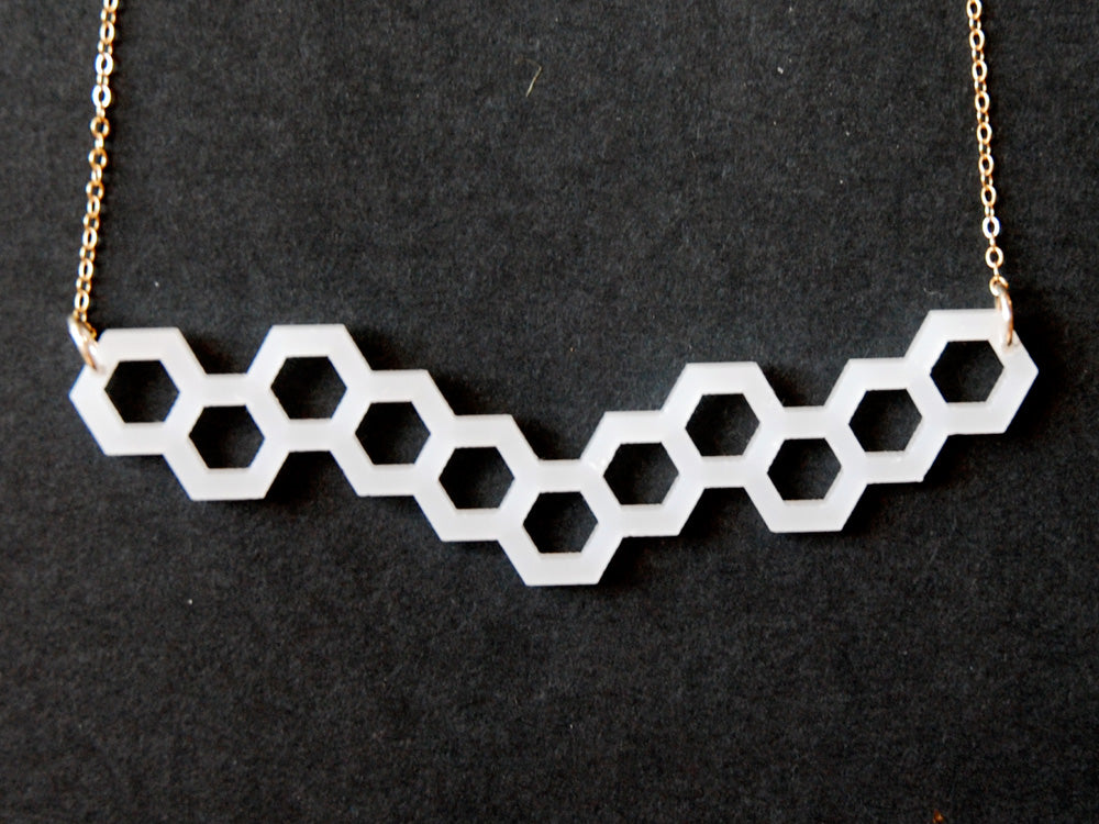 Hexagonal Necklace - High Quality, Affordable, Geometric Necklace - Available in Black and White Acrylic, Gold, Silver, and Limited Edition Coral Powdercoat Finish - Made in USA - Brevity Jewelry